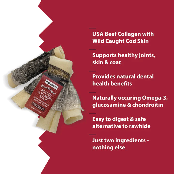 Icelandic+ Beef Collagen Rolled Chew Wrapped With Cod Skin 4"