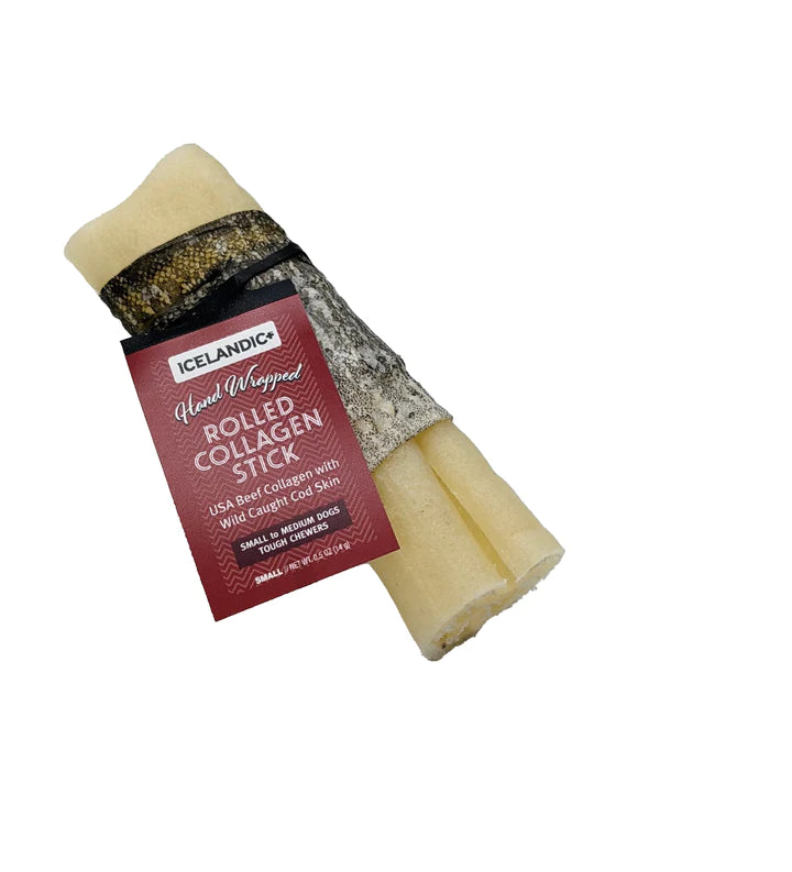 Icelandic+ Beef Collagen Rolled Chew Wrapped With Cod Skin 4"